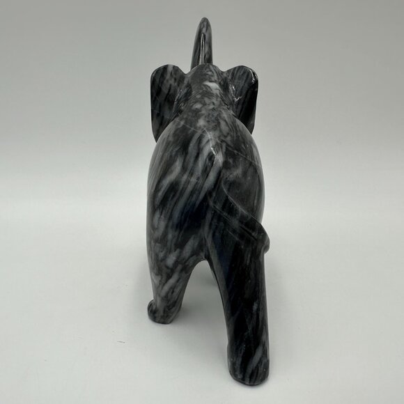 7" Black & White Marble Onyx Elephant Figurine with Lucky Trunk Up - Picture 4 of 12